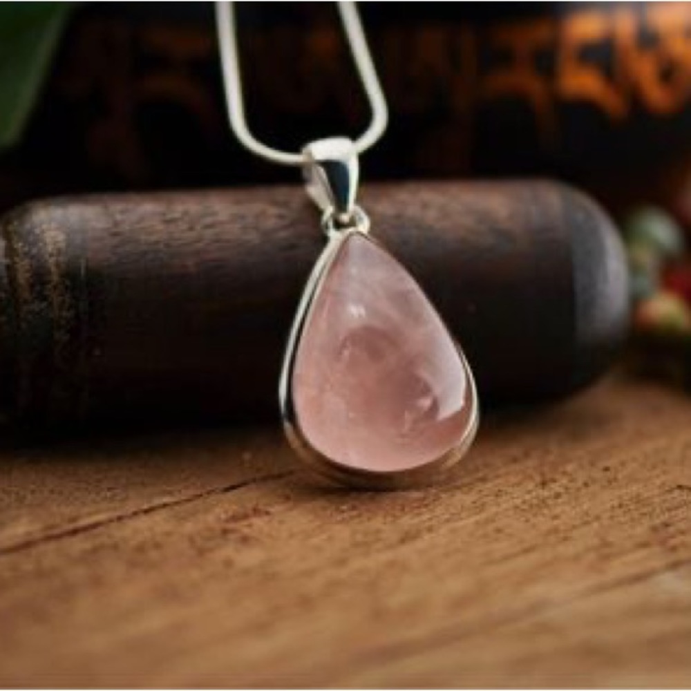Rose Quartz Pendant Set In Sterling Silver. Handcrafted in USA